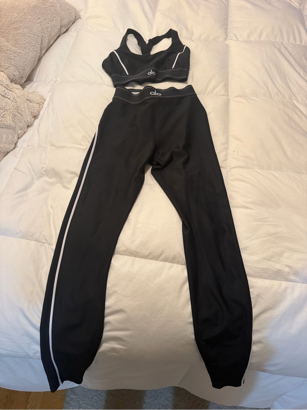 ALO Yoga Black Track Pants & Sports Bra Set with White Piping